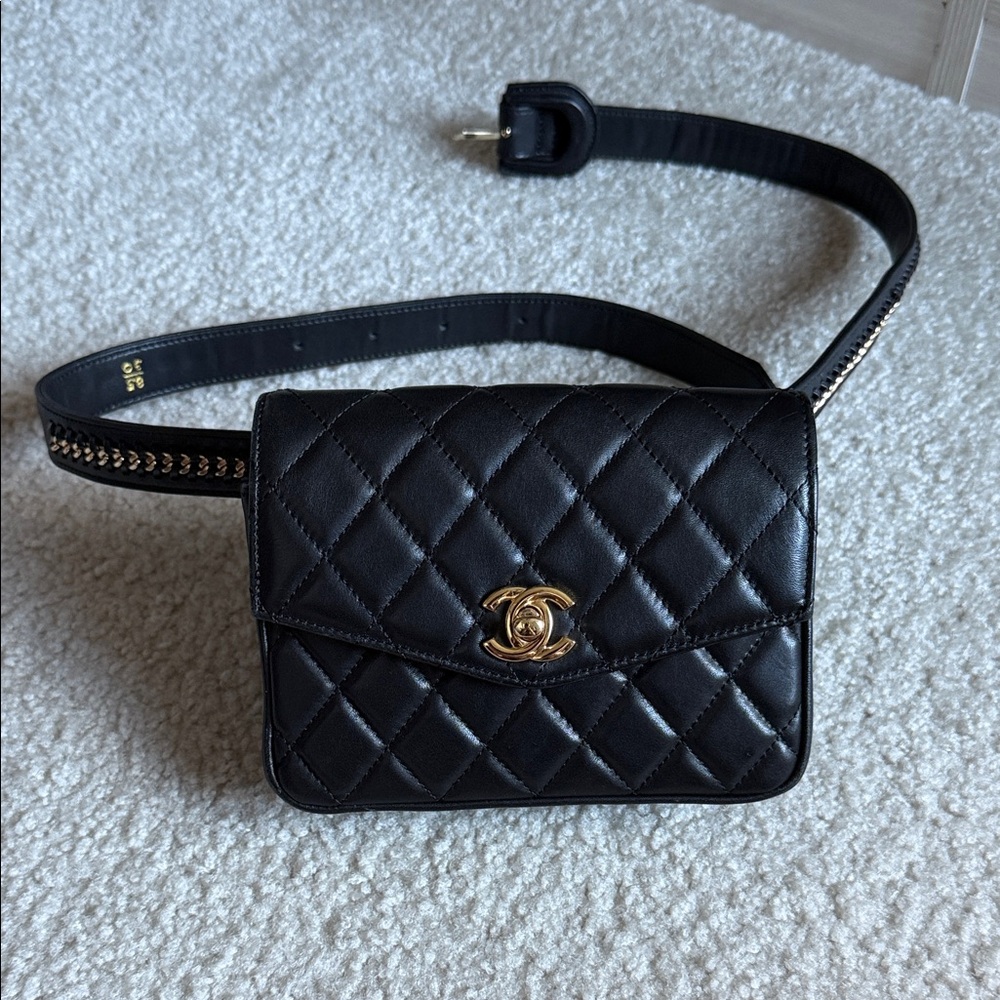 CHANEL Black Quilted Belt Bag with Gold Accents